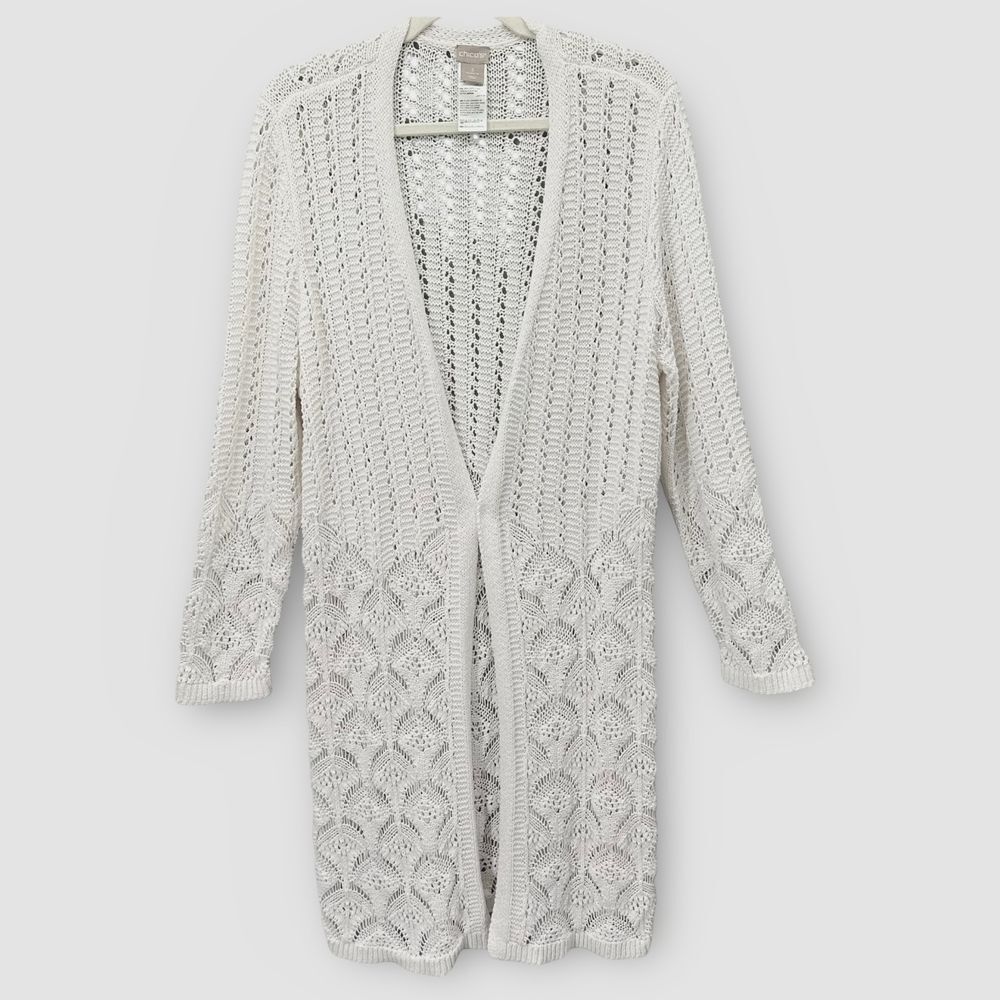 Chico's Long Open-Front Pointelle Cardigan Cotton‎ Lightweight White Size XL (3)